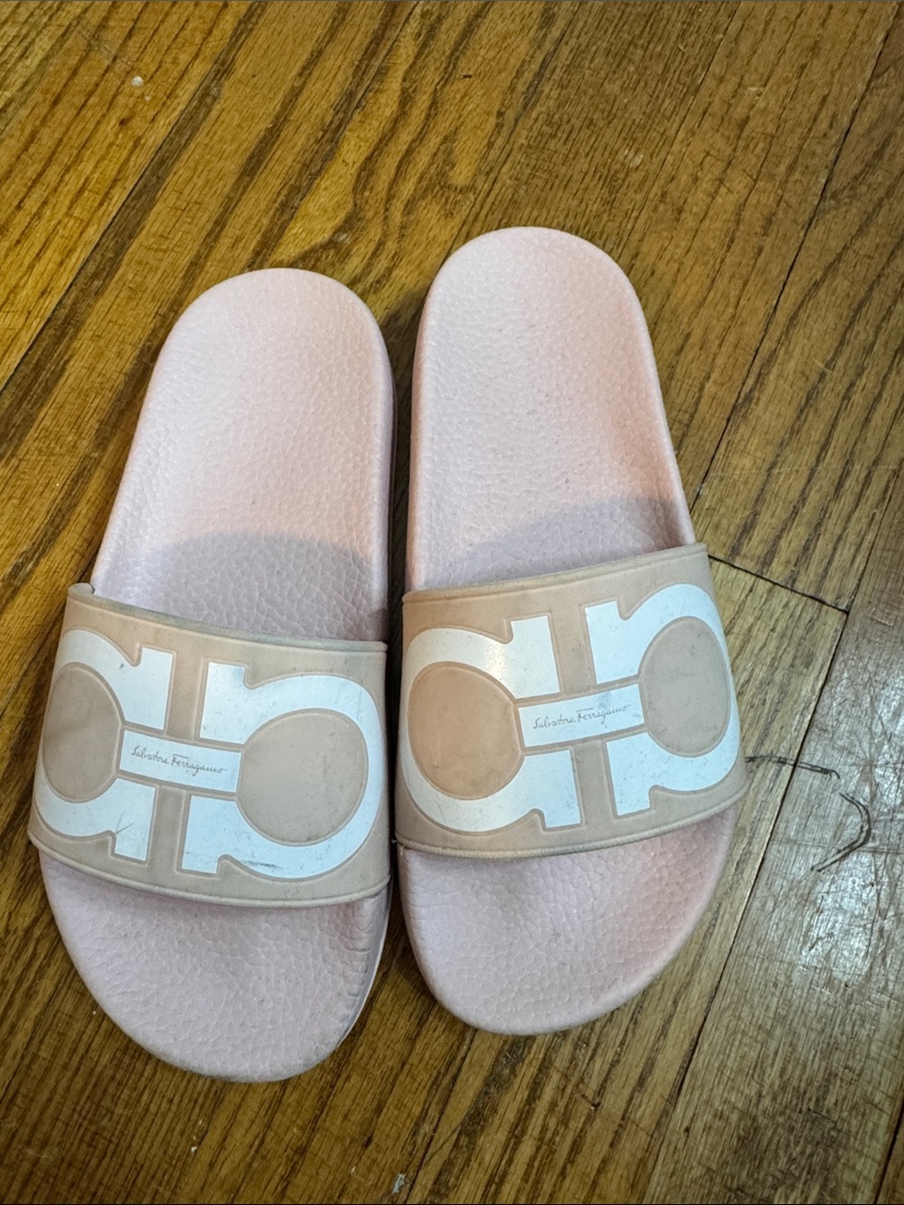 Salvatore Ferragamo Light Pink Slide Sandals with White Logo